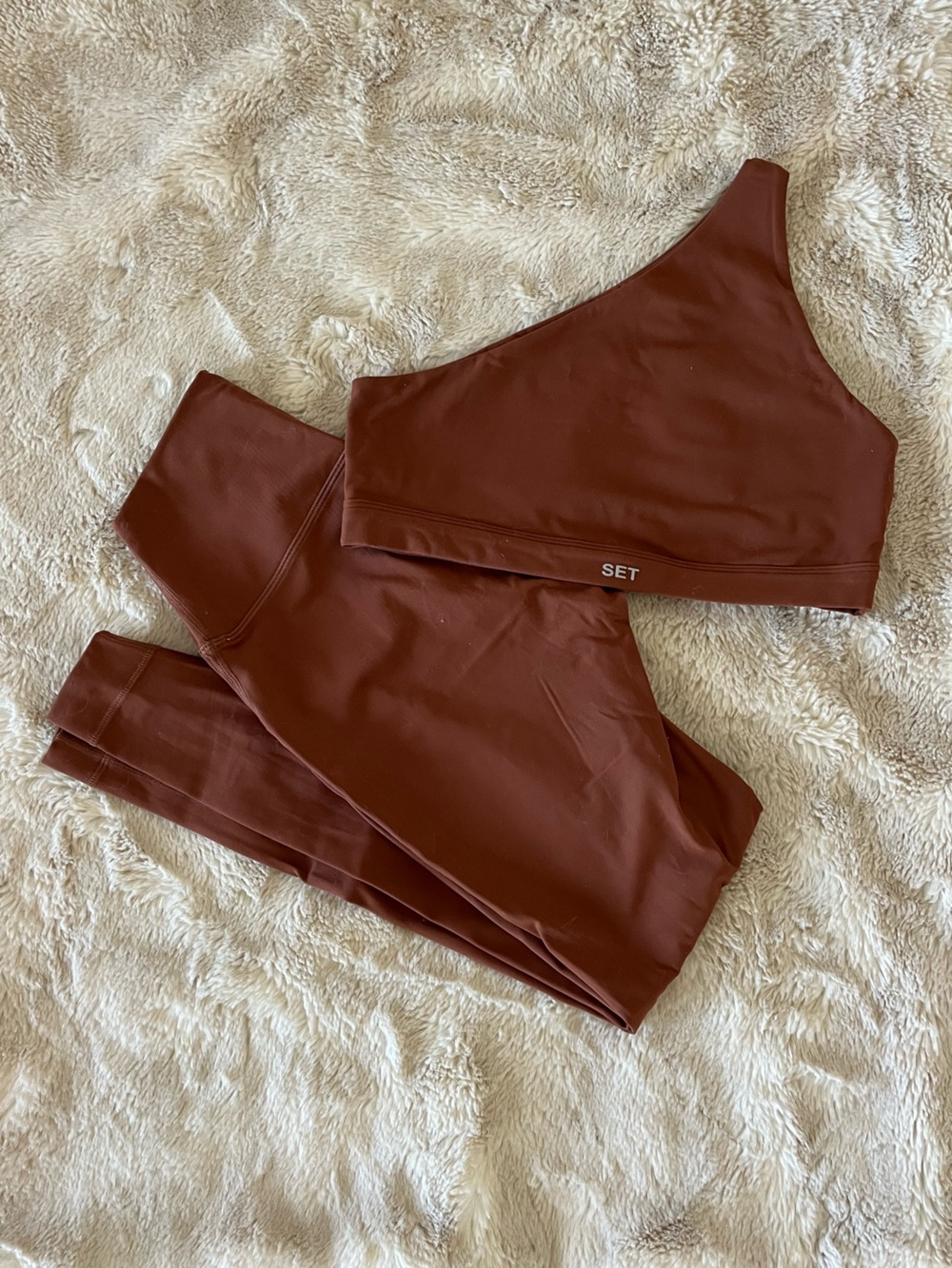 SET Active One-Shoulder Crop Top and Leggings Set in Rust Brown